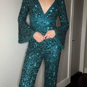 Shimmering Teal Sequin Jumpsuit